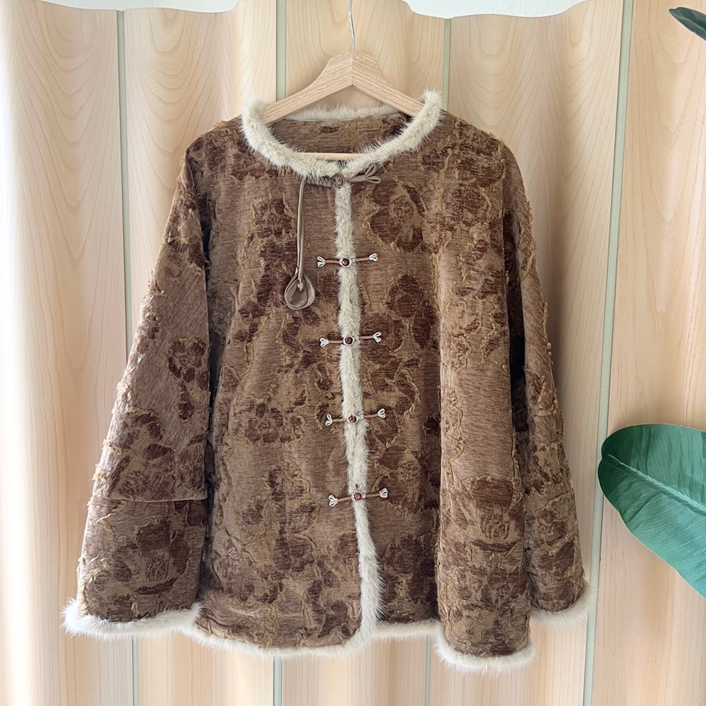 Vintage Brown Floral faux fur Women's Jacket